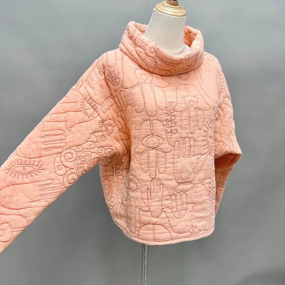 Oscilatey Quilt Funnel Neck Orange Pullover with Hasma/Evil Eye Size Medium - Picture 6 of 14